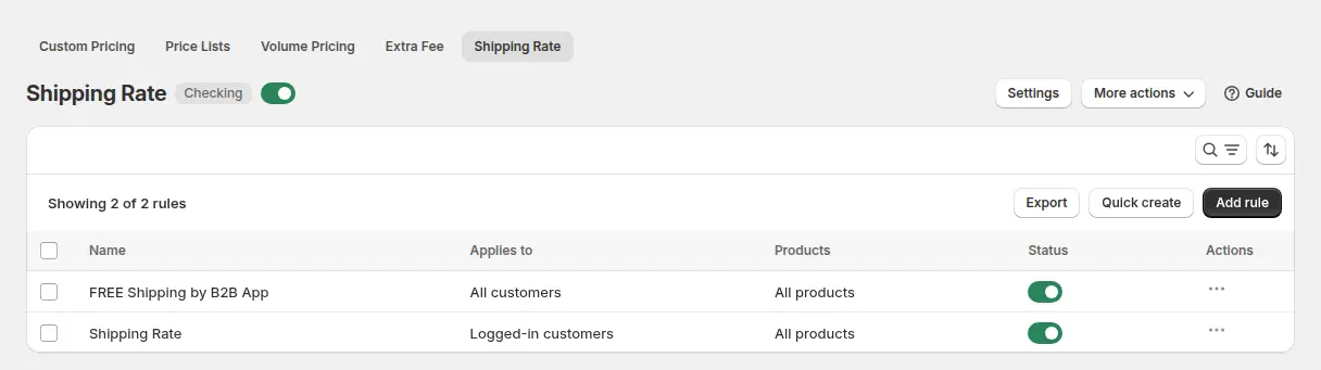 BSS B2B Solution Shipping Rate tab with two demo rules, one for all customers and one for logged-in customers