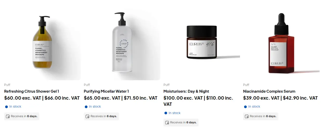 Demo store product grid showing each price as excl. VAT and incl. VAT side by side