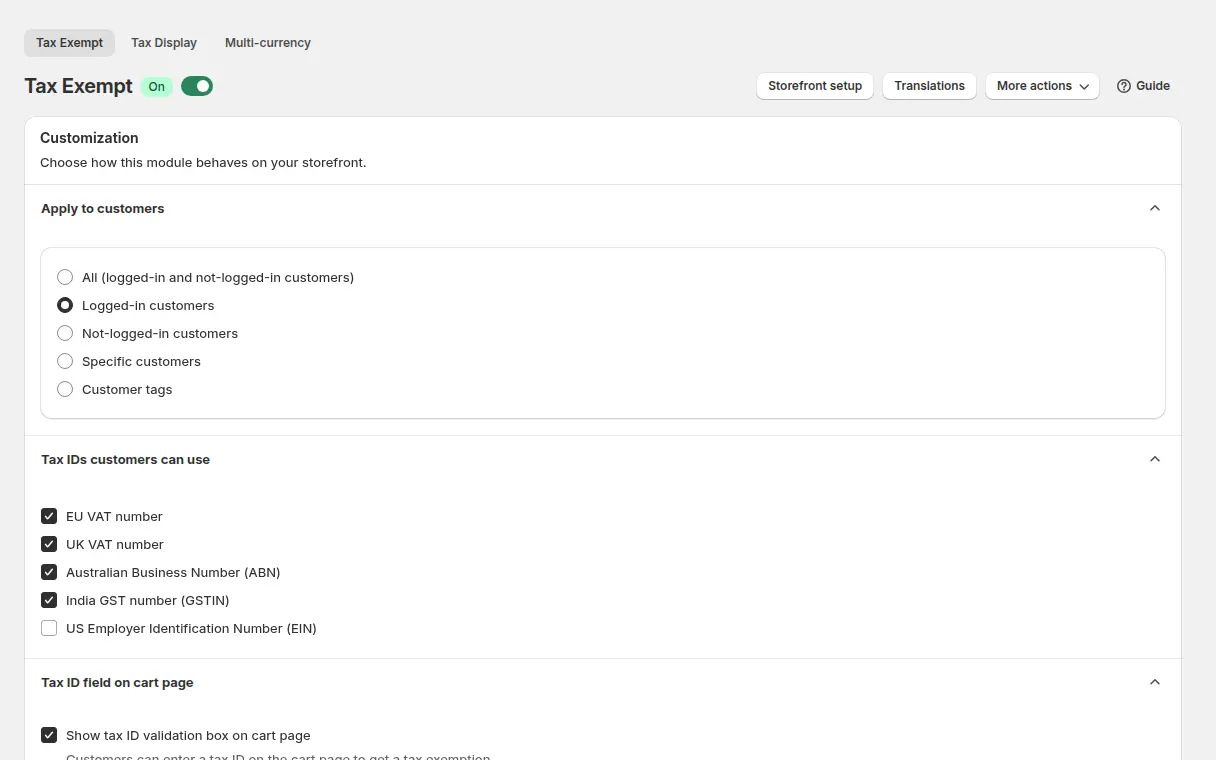 BSS B2B Solution Tax Exempt page with options to apply to logged-in customers and choose which tax IDs customers can use