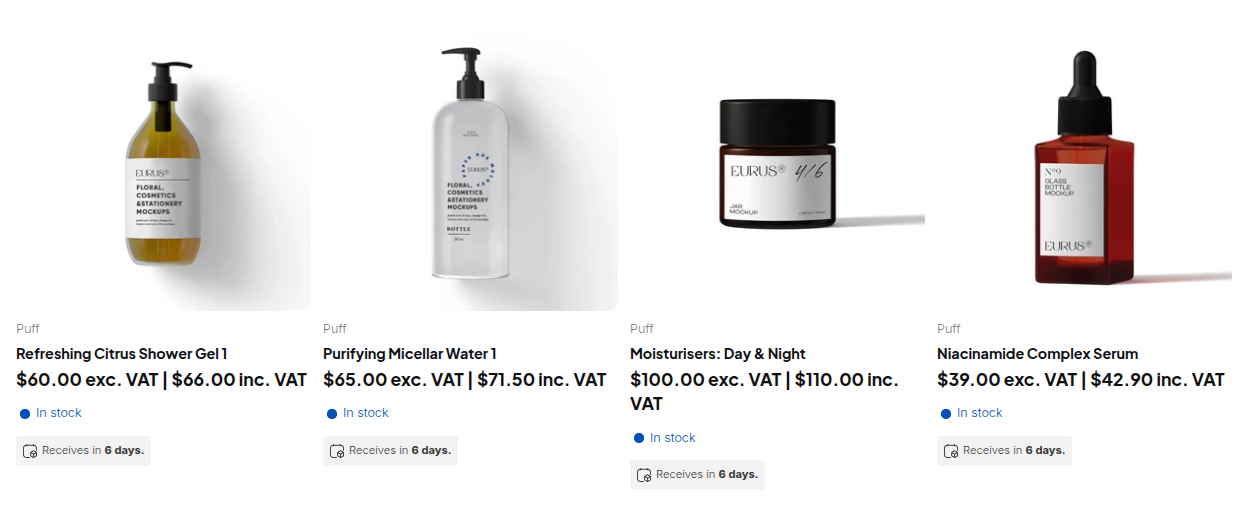 A collection where prices are shown both excluding and including VAT