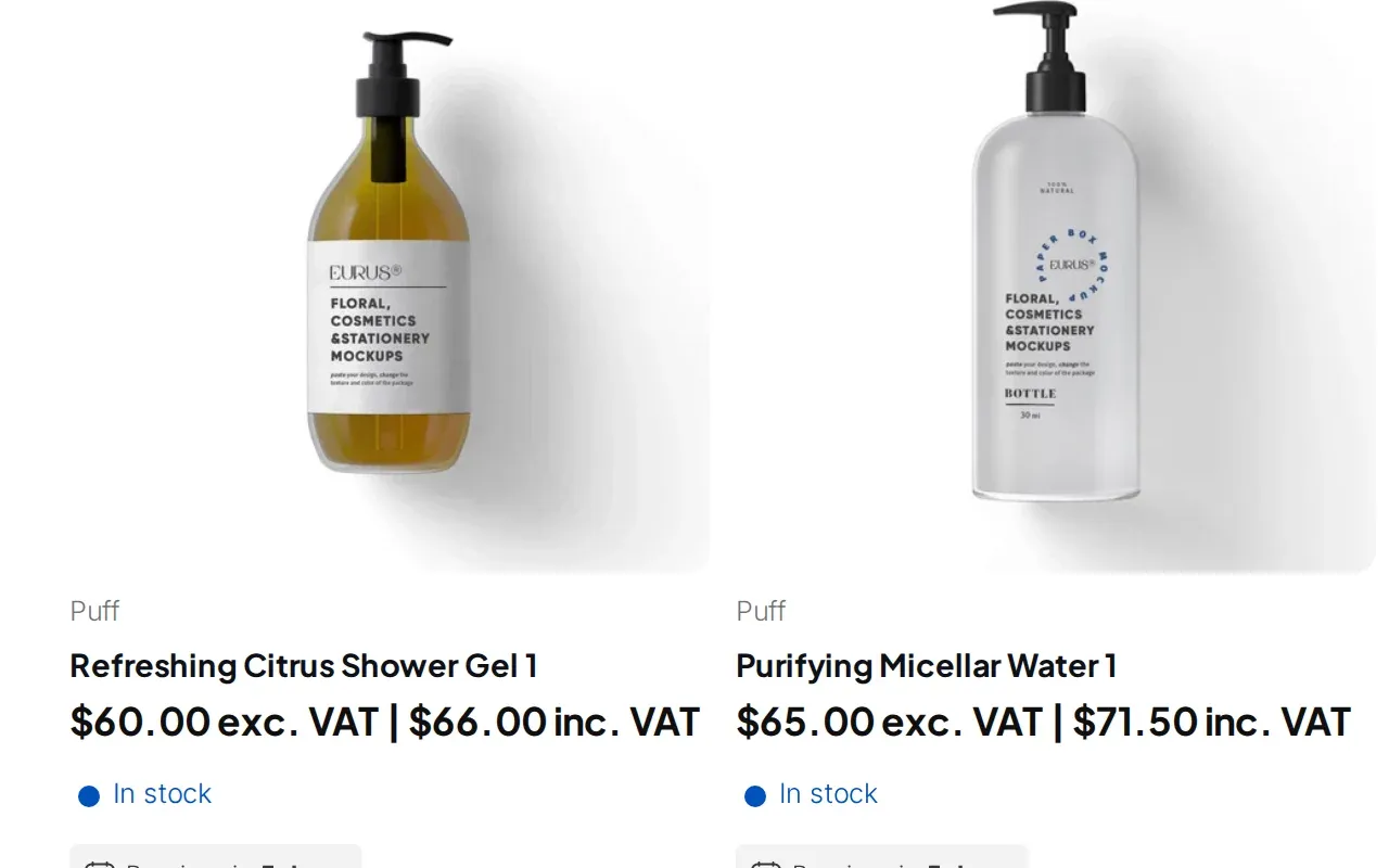 Two skincare products on a demo store, each priced both excluding and including VAT