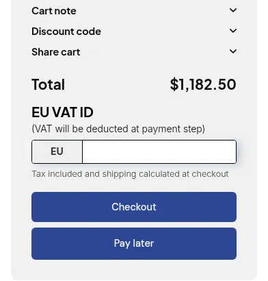 Cart page with an EU VAT ID box above the Checkout button