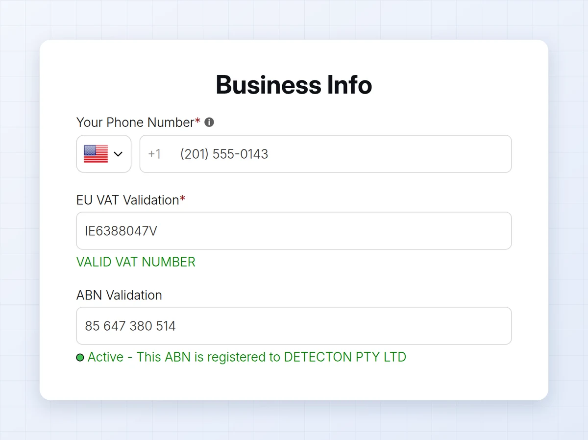 Registration form on the storefront where the EU VAT number shows VALID VAT NUMBER and the ABN shows an active registration