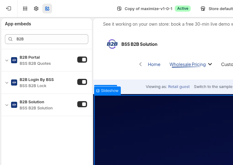 The theme editor App embeds list where the B2B Solution embed is switched on