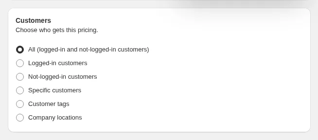 Karte Customers einer Volume-Pricing-Regel mit den sechs Optionen zur Zielgruppe