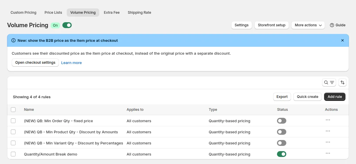 Seite Volume Pricing im Admin von BSS B2B Solution mit eingeschaltetem Modul und der Regelliste