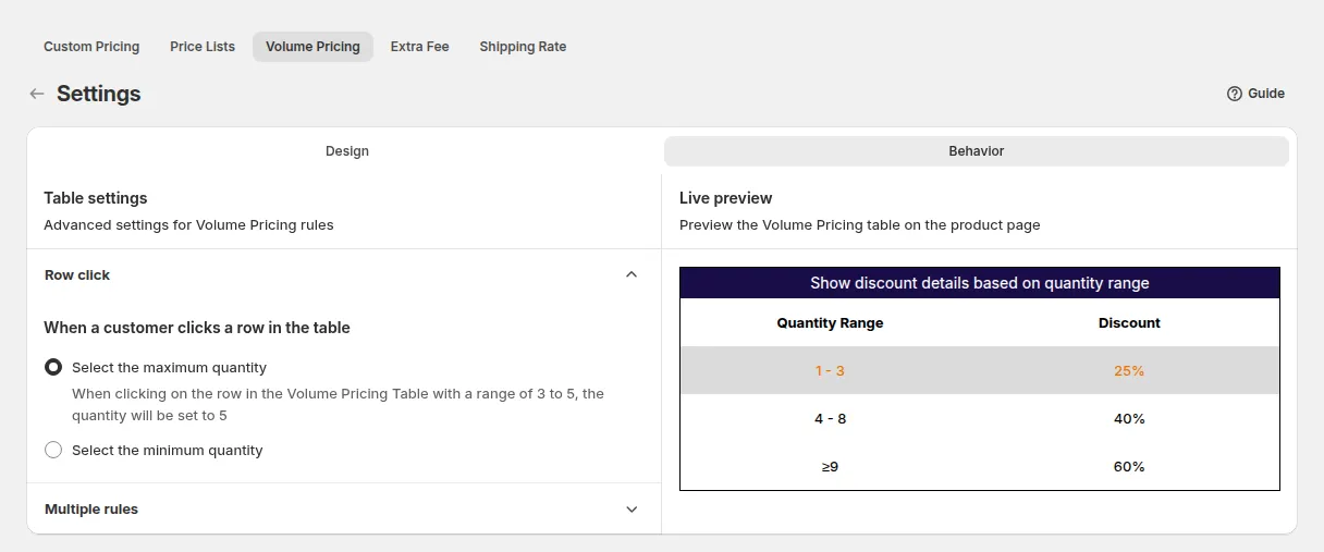 Volume-Pricing-Einstellungen, Reiter Behavior mit den Optionen Row click und Multiple rules