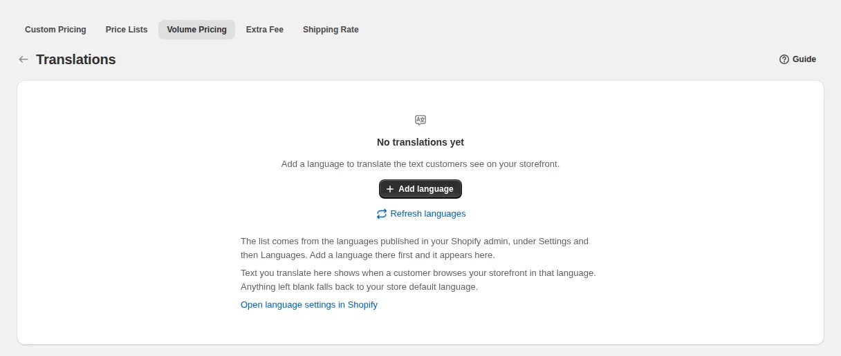 Übersetzungsseite für Volume Pricing in BSS B2B Solution mit der Option Add language