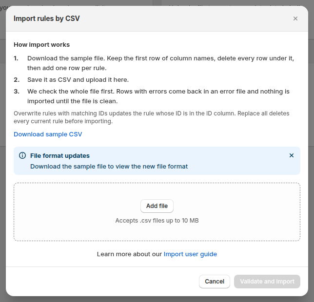 The same import window for Volume Pricing with a 10 MB limit