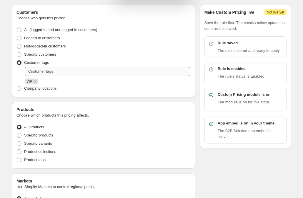 Custom Pricing rule editor in BSS B2B Solution with Customer tags selected and the VIP tag added