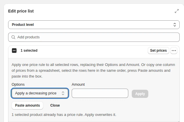 Set prices panel applying one option and amount to the selected rows of a price list