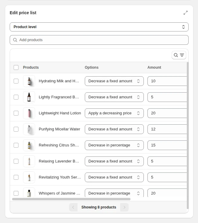 Edit price list card with one row per product, each with an option and an amount