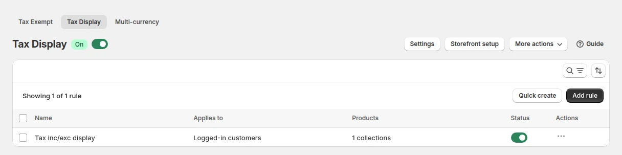 Tax Display page in BSS B2B Solution with one rule applied to logged-in customers