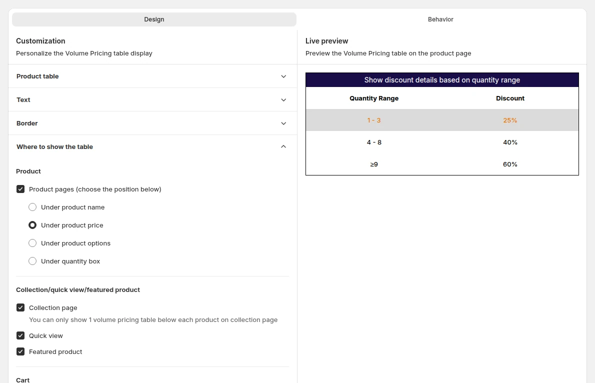Volume Pricing settings with checkboxes for product pages, collection page, quick view, featured product and cart