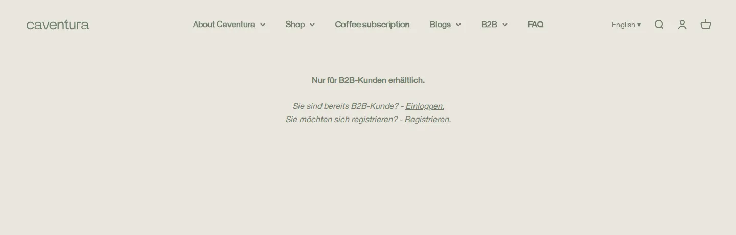 Caventura bulk products collection locked with a message that it is only available to B2B customers