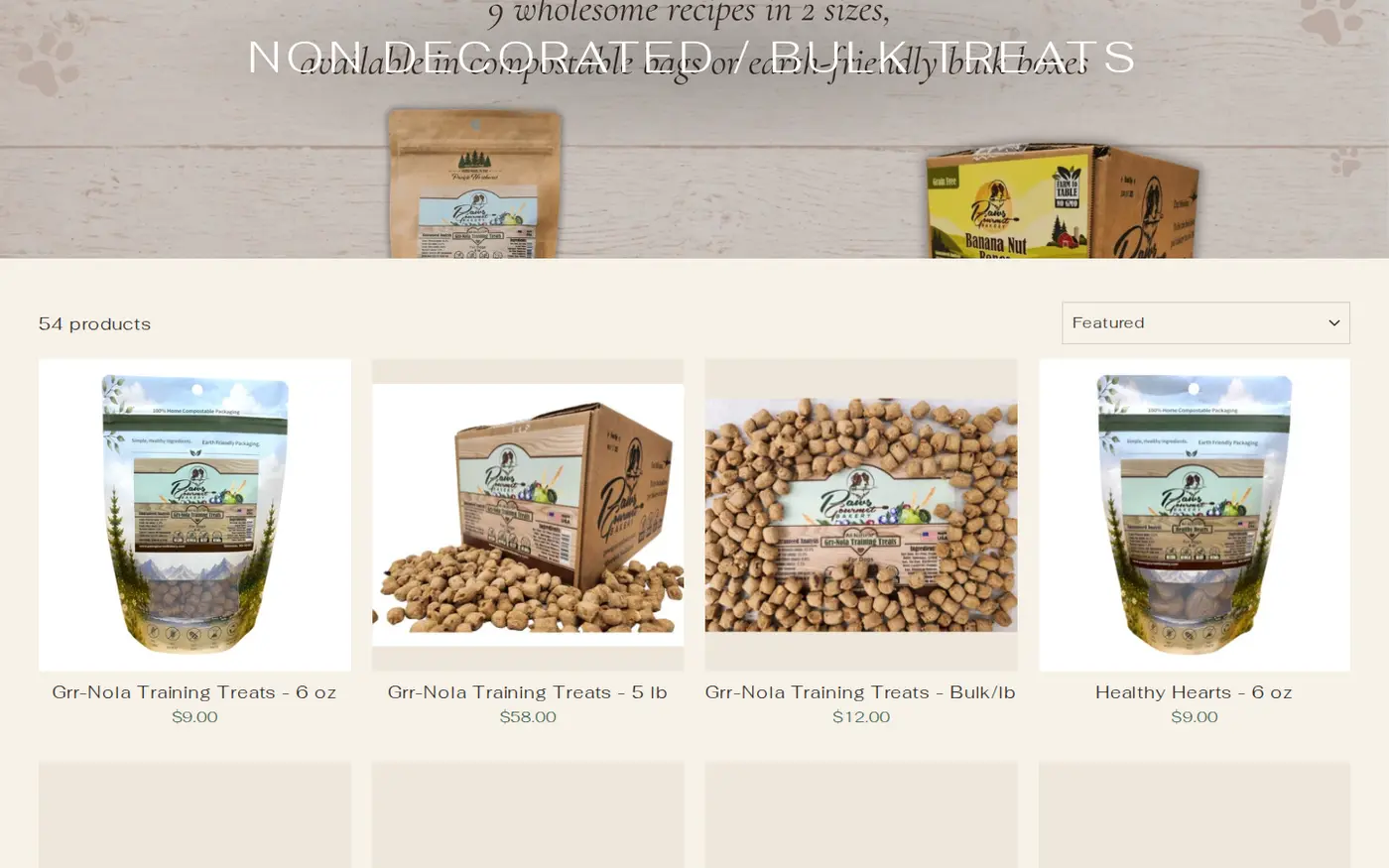 Paws Gourmet Bakery bulk treats collection with retail prices on product cards