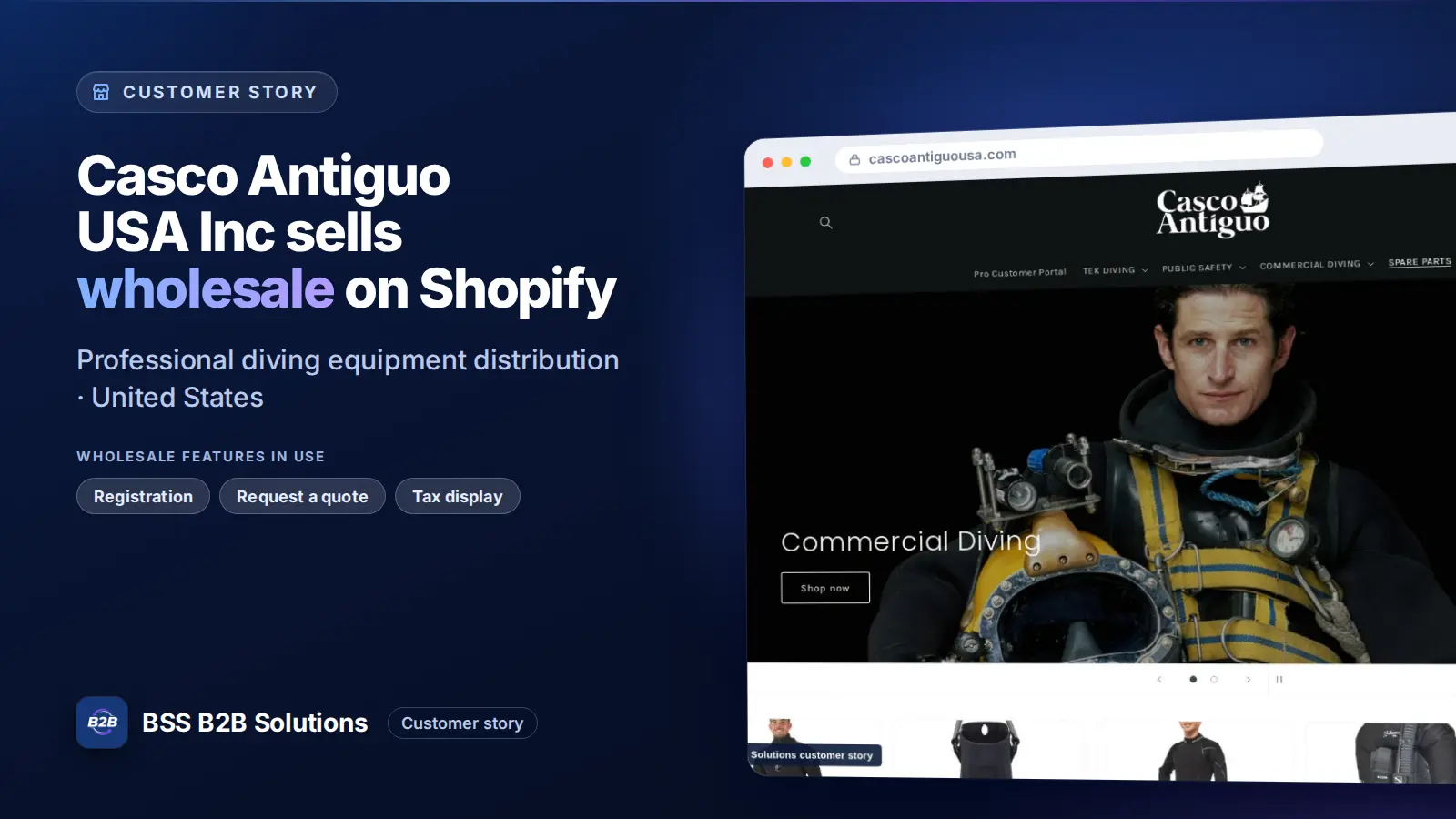 Browser window showing the merchant storefront, Casco Antiguo USA Inc sells wholesale on Shopify. Cover for: Casco Antiguo USA: How a Diving Equipment Distributor Runs a Pro Portal on Shopify