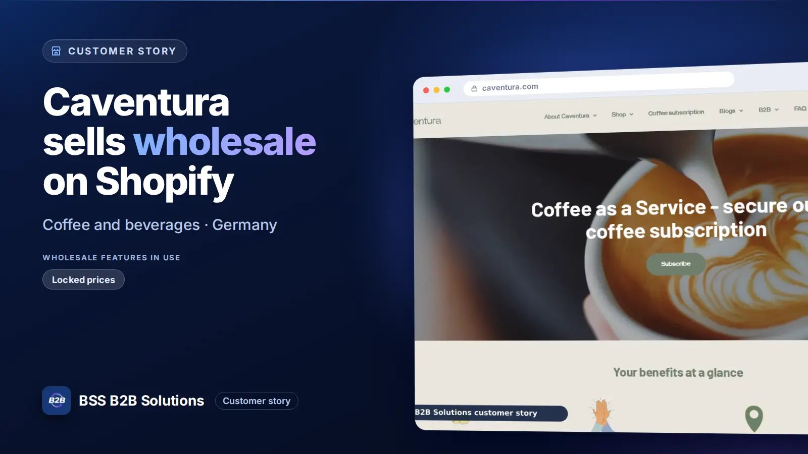 Browser window showing the merchant storefront, Caventura sells wholesale on Shopify. Cover for: Caventura: How a Berlin Coffee Roaster Runs a Locked B2B Area on Shopify
