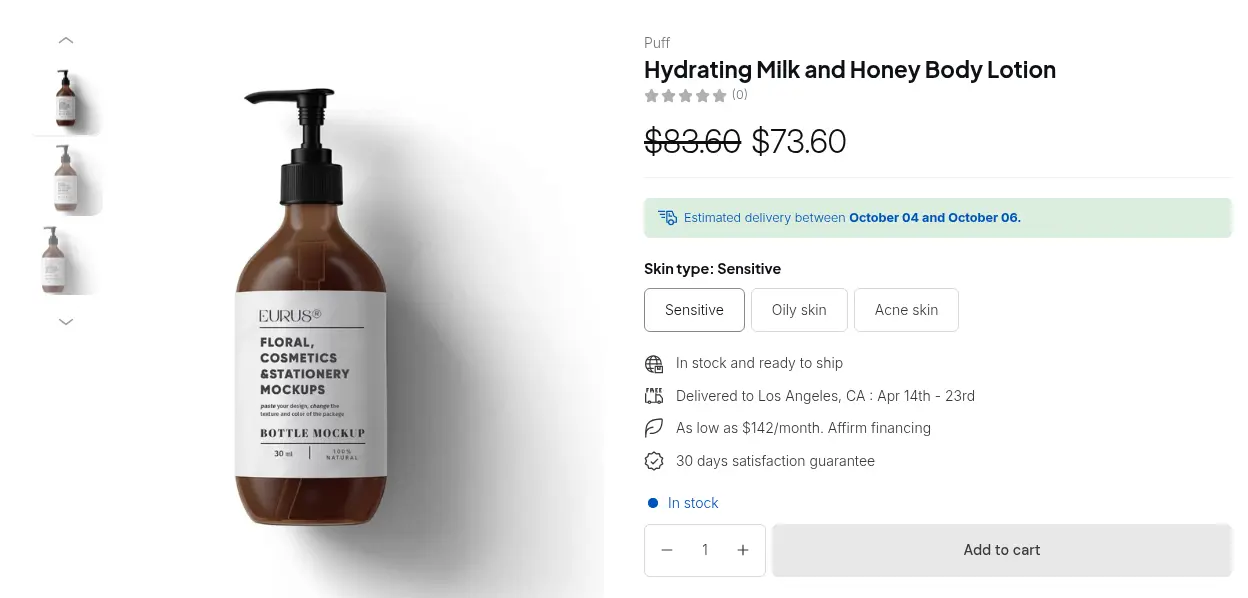 Product page on the demo store where a logged-in wholesale customer sees 73.60 with the retail price 83.60 struck through