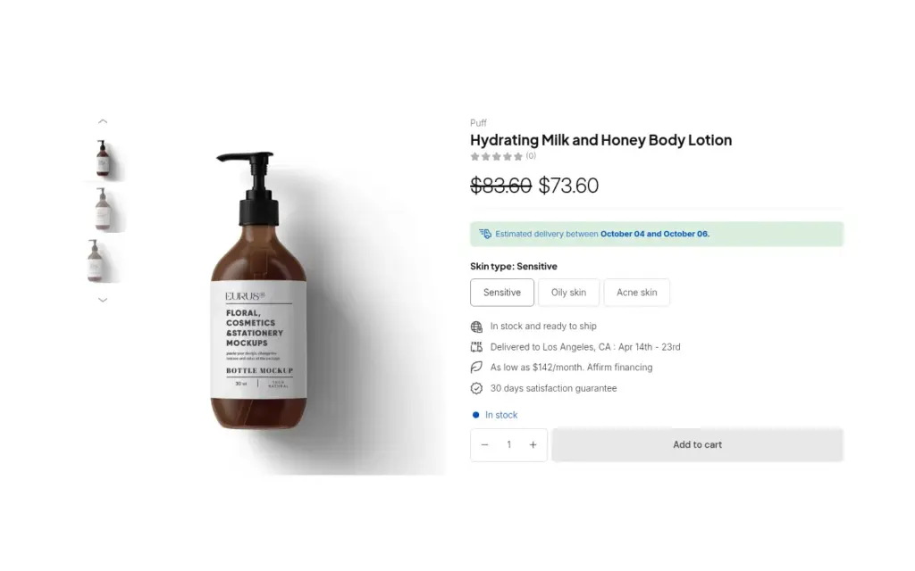 Product page on the demo store where a logged-in wholesale customer sees 73.60 with the retail price 83.60 struck through