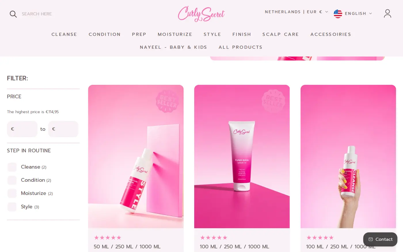 Curly Secret Pro Salon Size collection page with product cards that do not show prices