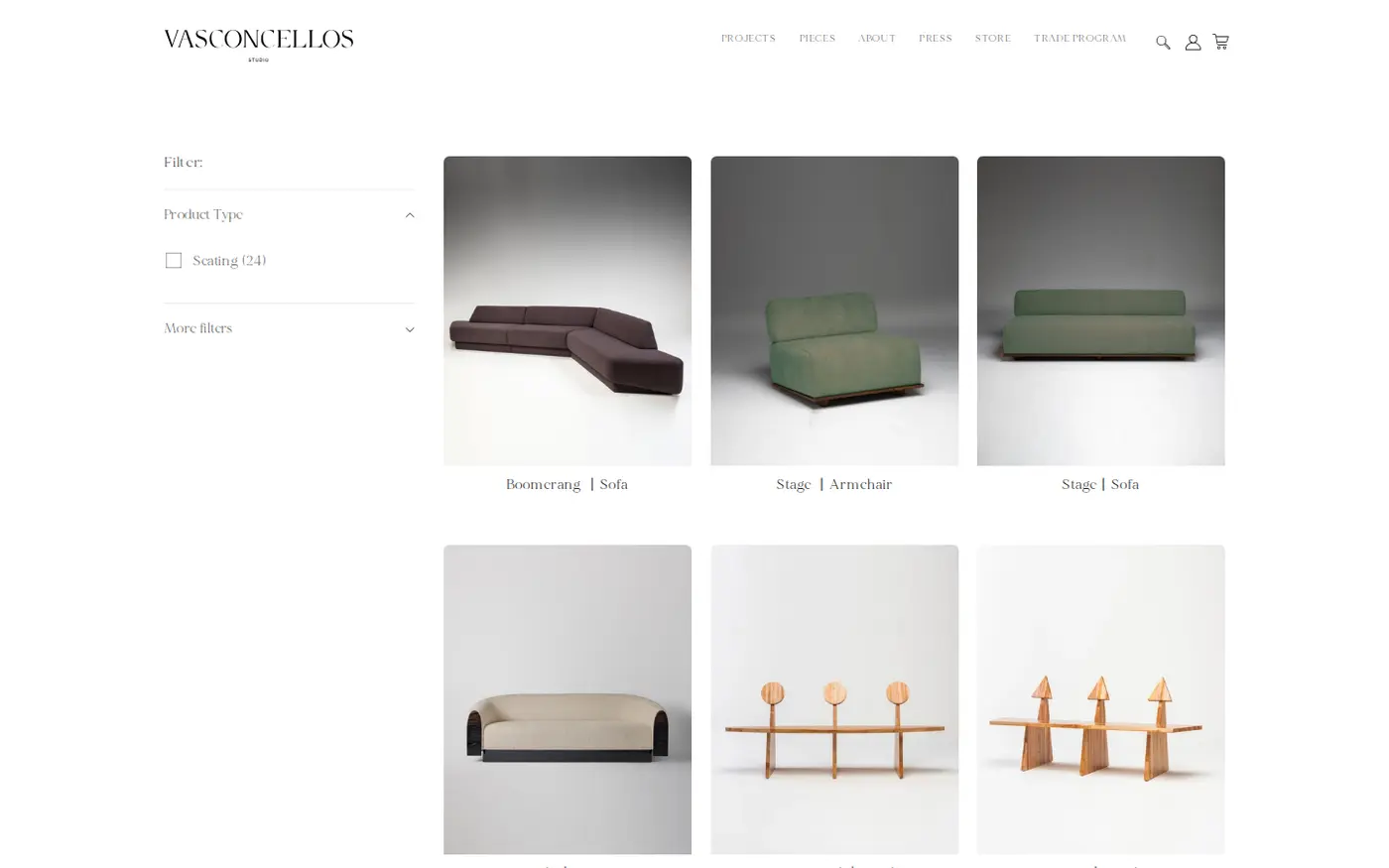 Vasconcellos Studio seating collection page showing sofas, armchairs and stools