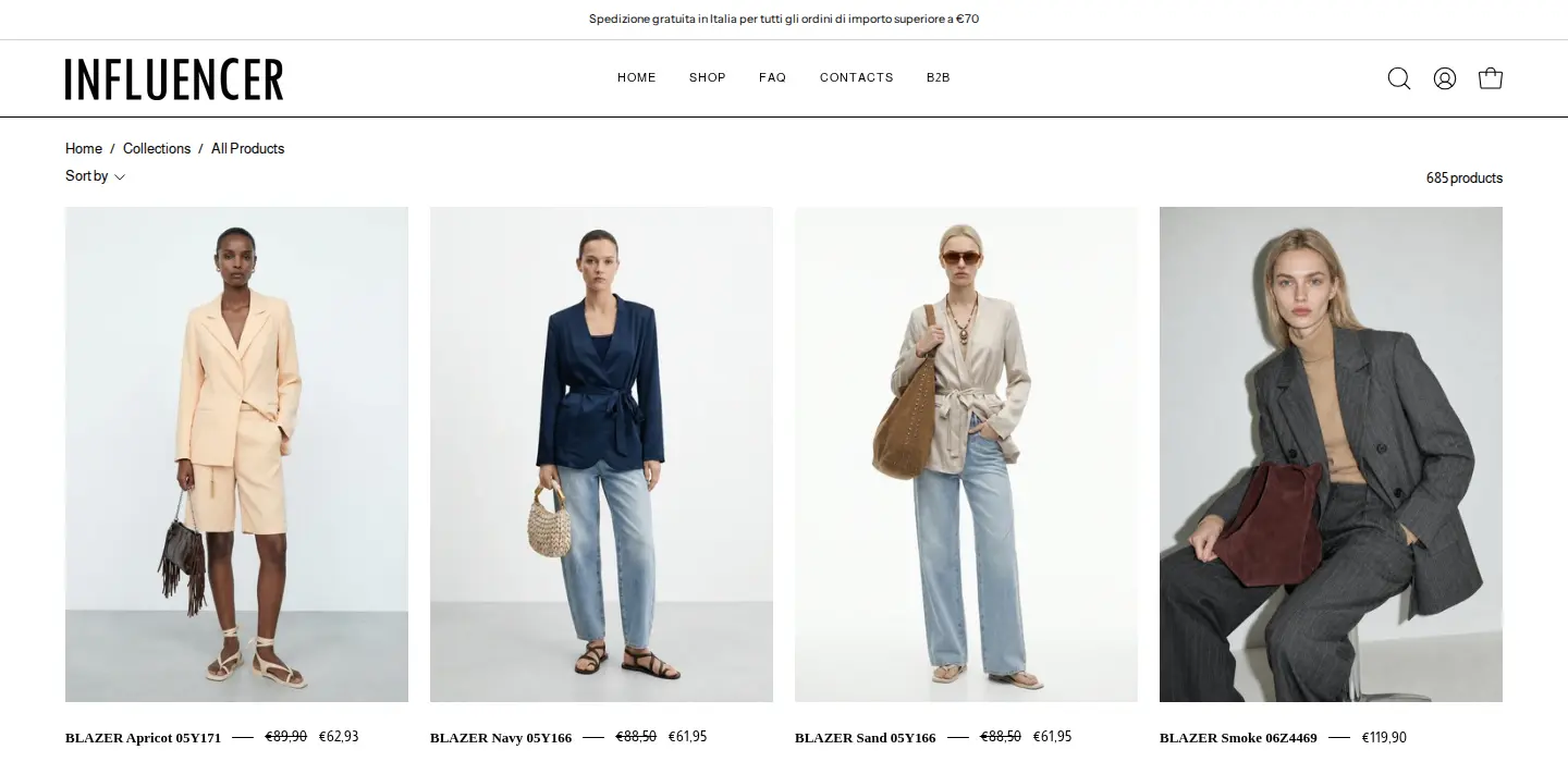 INFLUENCER catalog page listing blazers and cardigans with public retail prices in euros