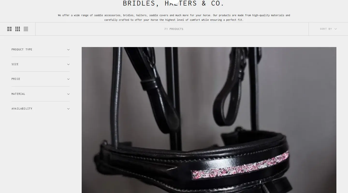 Equos Aurora collection page for bridles, halters and accessories with 71 products