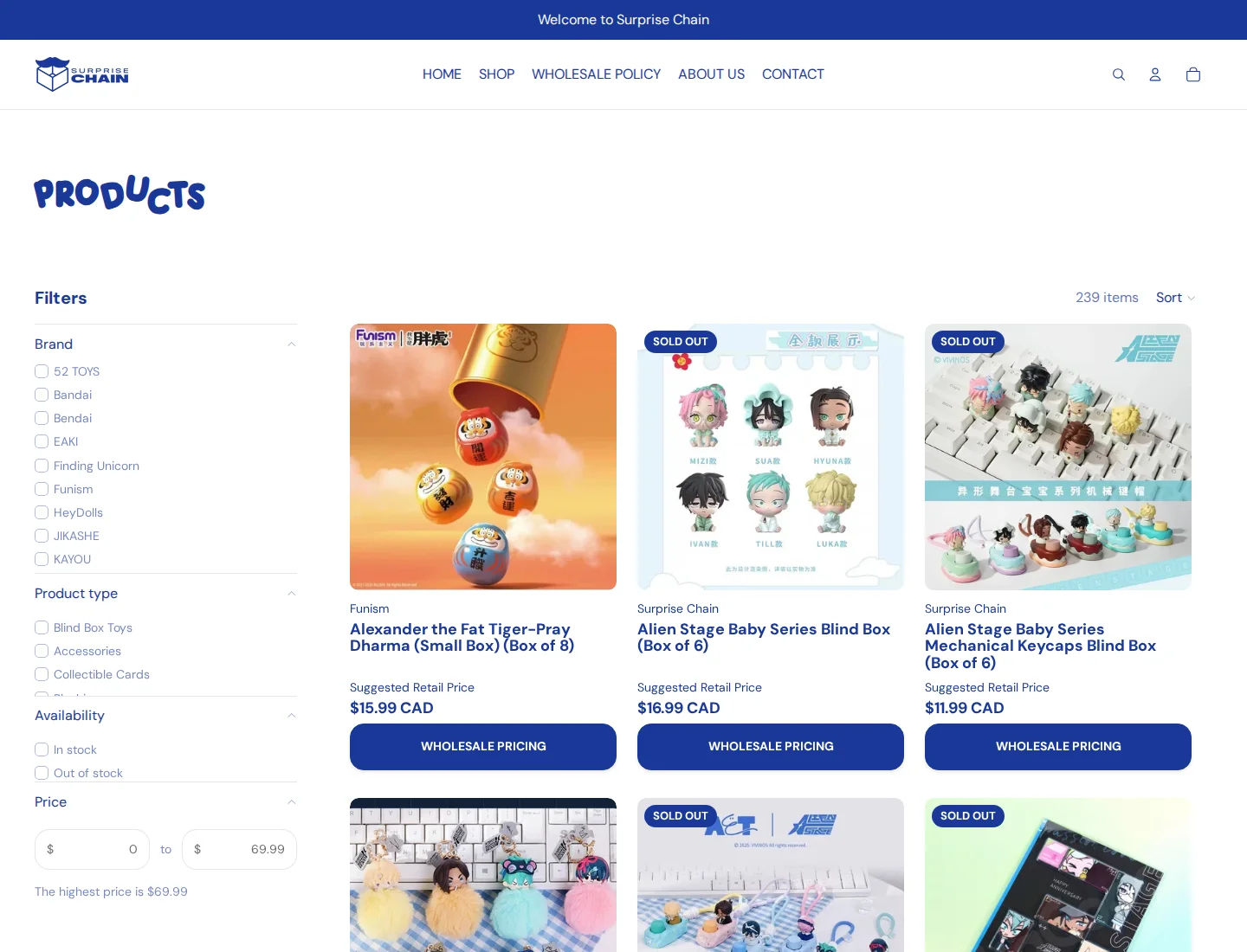 All products page with filters by brand and product type and a Wholesale Pricing button under each product