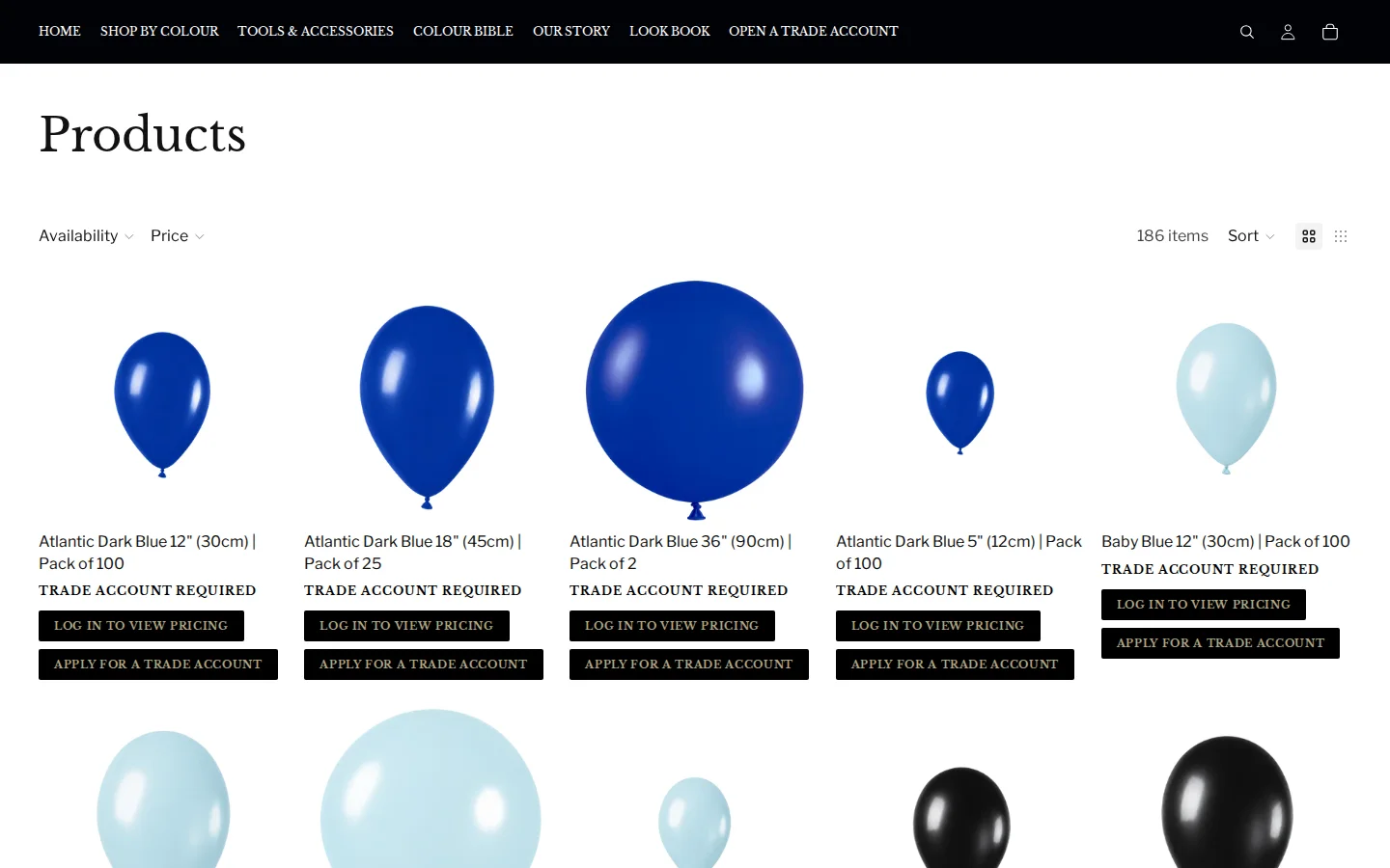 Products page where each balloon pack shows Trade account required with buttons to log in to view pricing or apply for a trade account