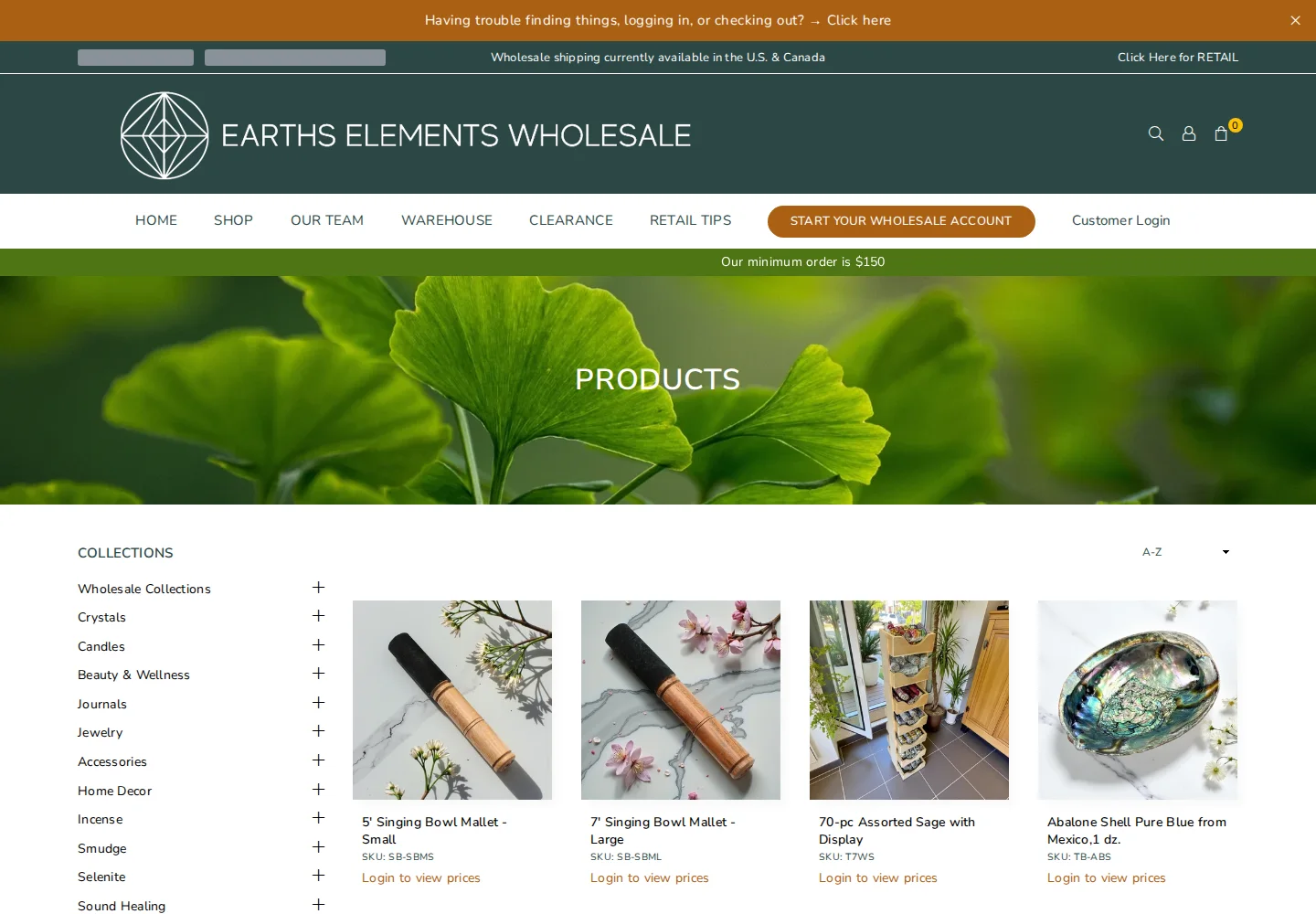 Products collection page where every product card shows Login to view prices instead of a price