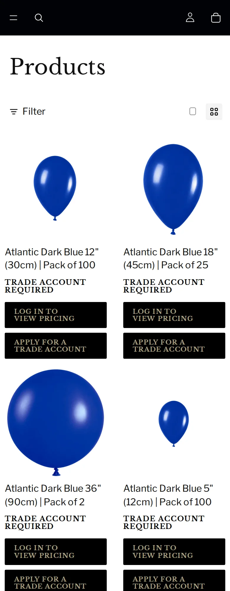 Products page on a phone with Trade account required buttons under each balloon pack