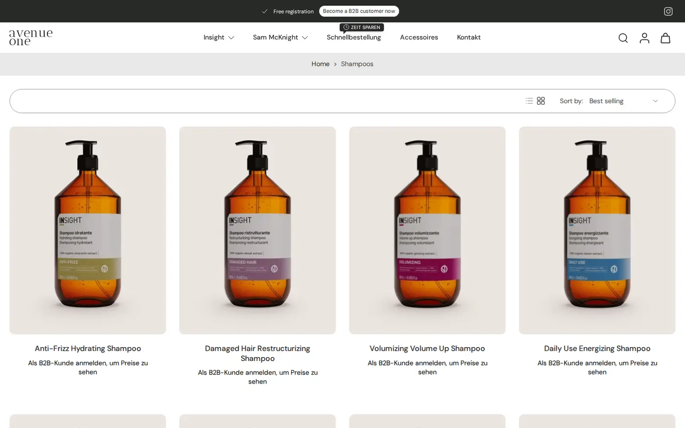 Avenue One shampoo collection page where every product card shows a log in as B2B customer message instead of a price