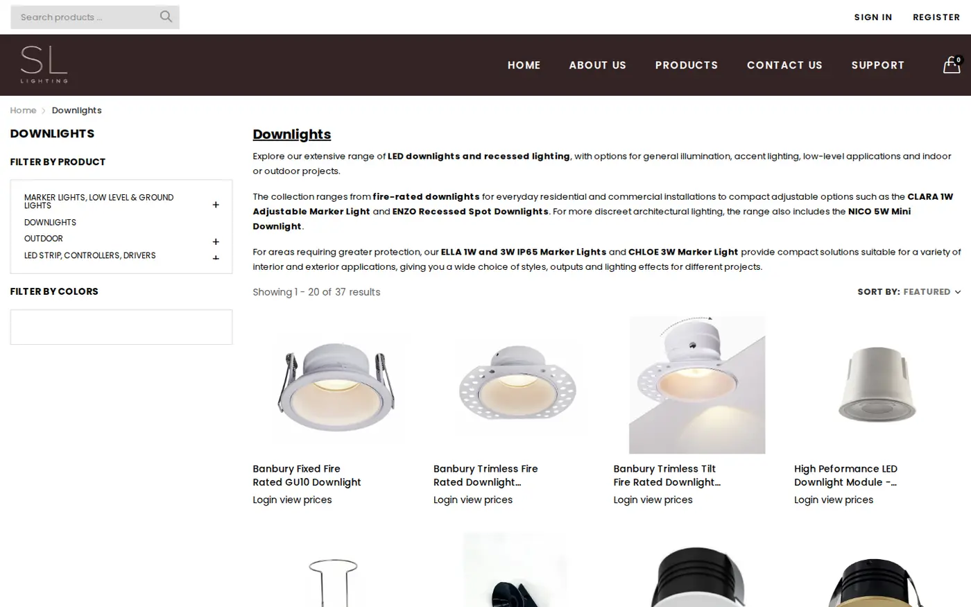 SL Lighting downlights collection where each product card shows Login view prices instead of a price