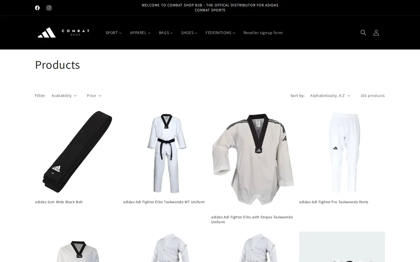 B2B CombatShop products collection showing karate and taekwondo uniforms with names and no prices