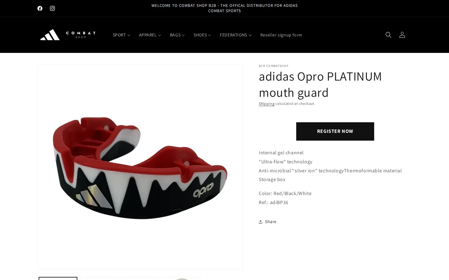 B2B CombatShop adidas Opro Platinum mouth guard product page with a Register now button where the price and Add to cart would be