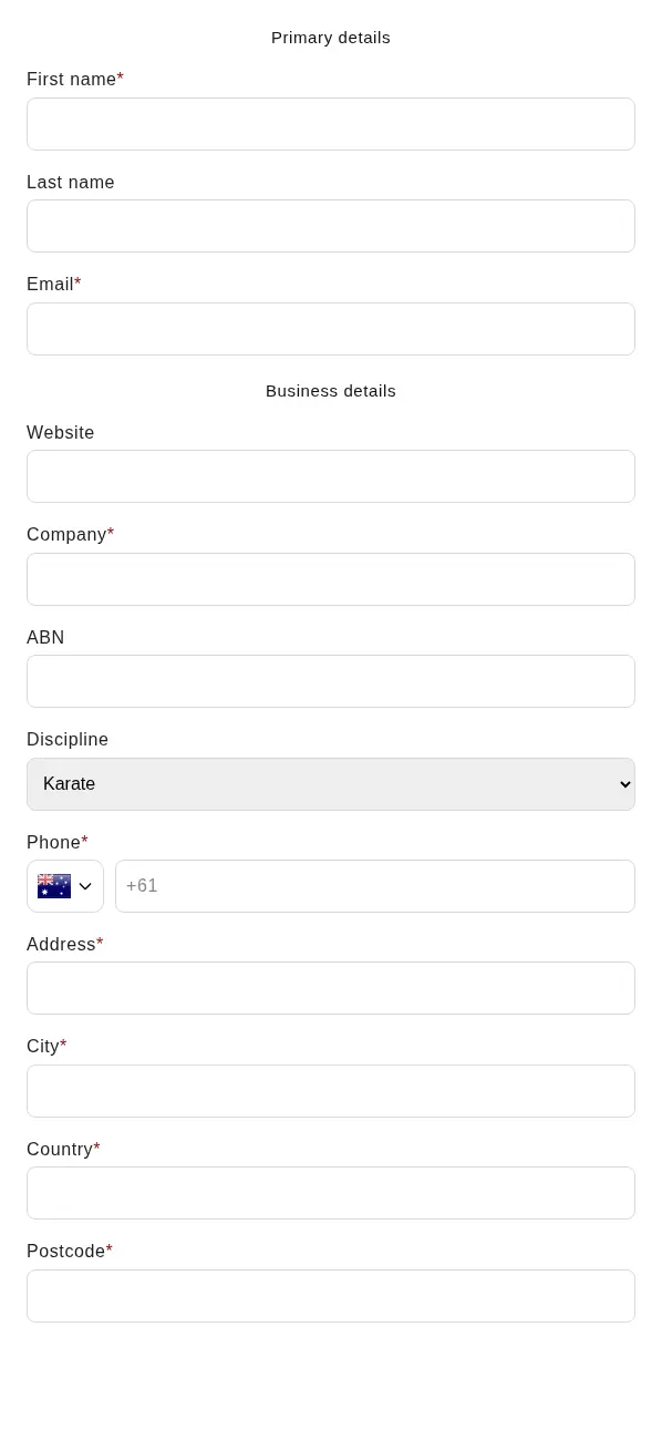 B2B CombatShop wholesale signup form with name, email, website, company, ABN, discipline, phone and address fields