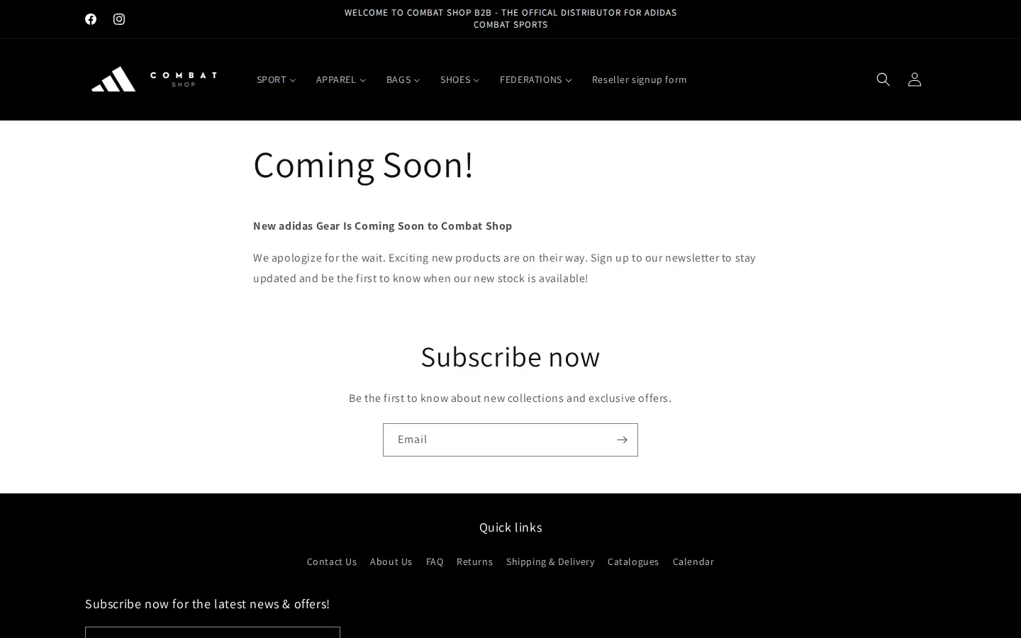 B2B CombatShop Coming Soon page announcing new adidas gear and inviting visitors to subscribe to a newsletter