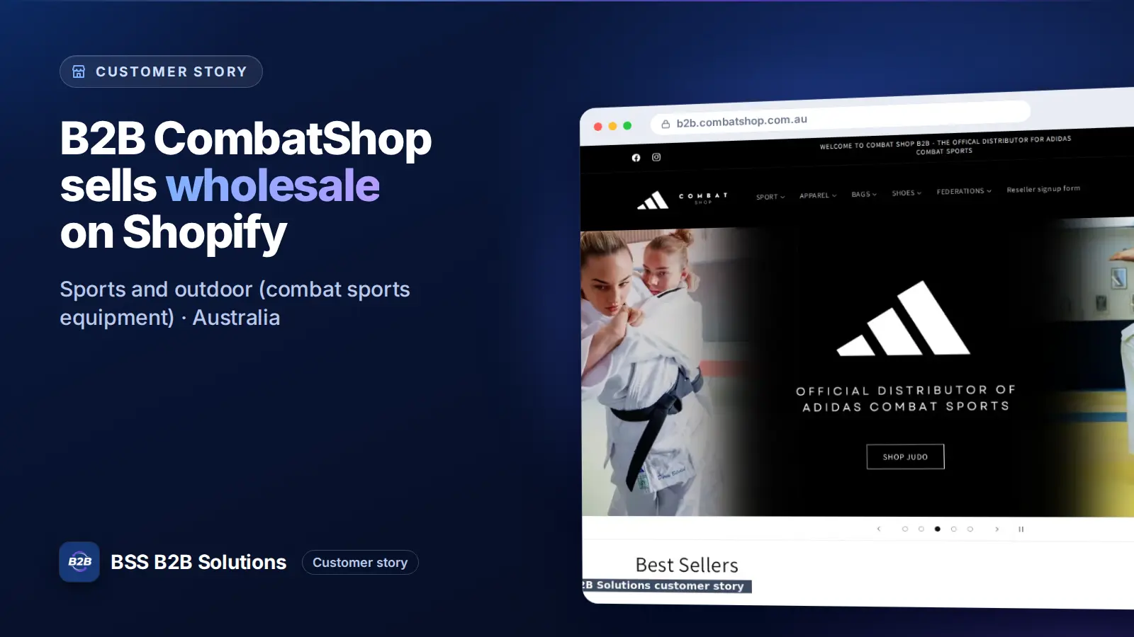 Browser window showing the merchant storefront, B2B CombatShop sells wholesale on Shopify. Cover for: B2B CombatShop: How an adidas Combat Sports Distributor Runs a Reseller Catalog