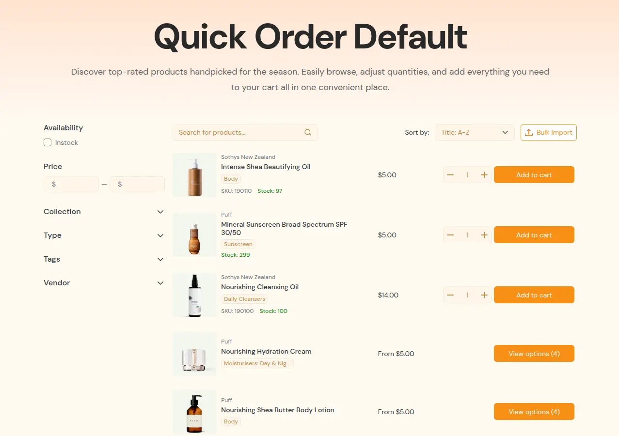 Quick Order page on the storefront with filters, product search, a Bulk Import button and a row per product with quantity and Add to cart