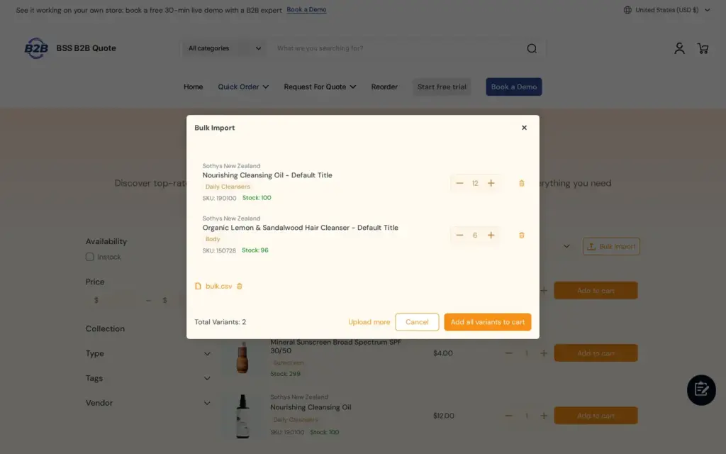 Bulk Import window on the BSS B2B Quote demo storefront after a file upload, listing two matched products with quantities and an Add all variants to cart button
