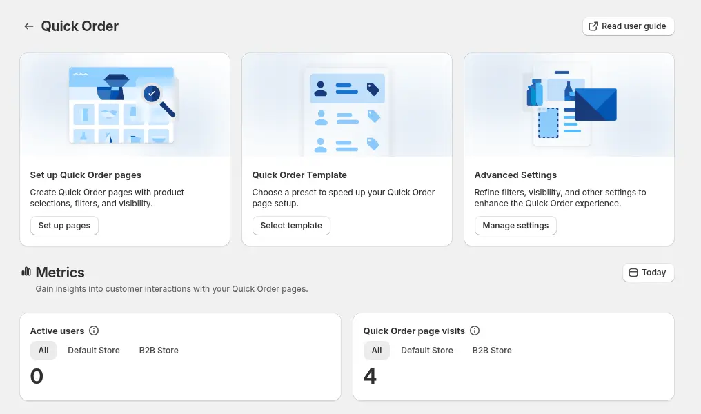 BSS B2B Quote Quick Order admin overview with cards for Quick Order pages, template and advanced settings, and Quick Order metrics
