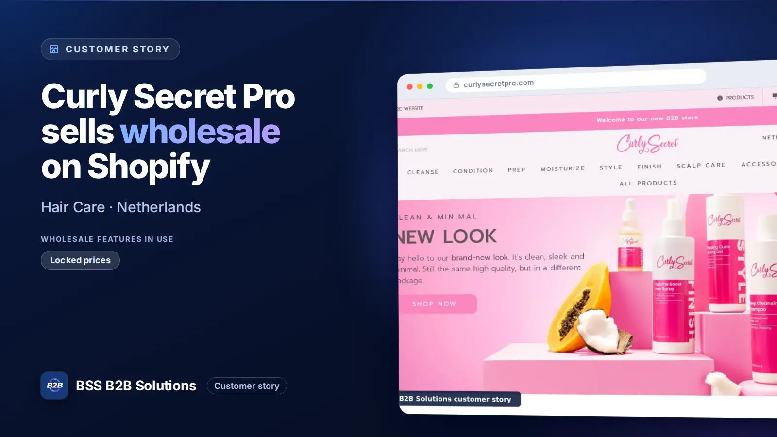 Browser window showing the merchant storefront, Curly Secret Pro sells wholesale on Shopify. Cover for: Curly Secret Pro: How a Dutch curly-hair care brand runs a B2B-only store on Shopify