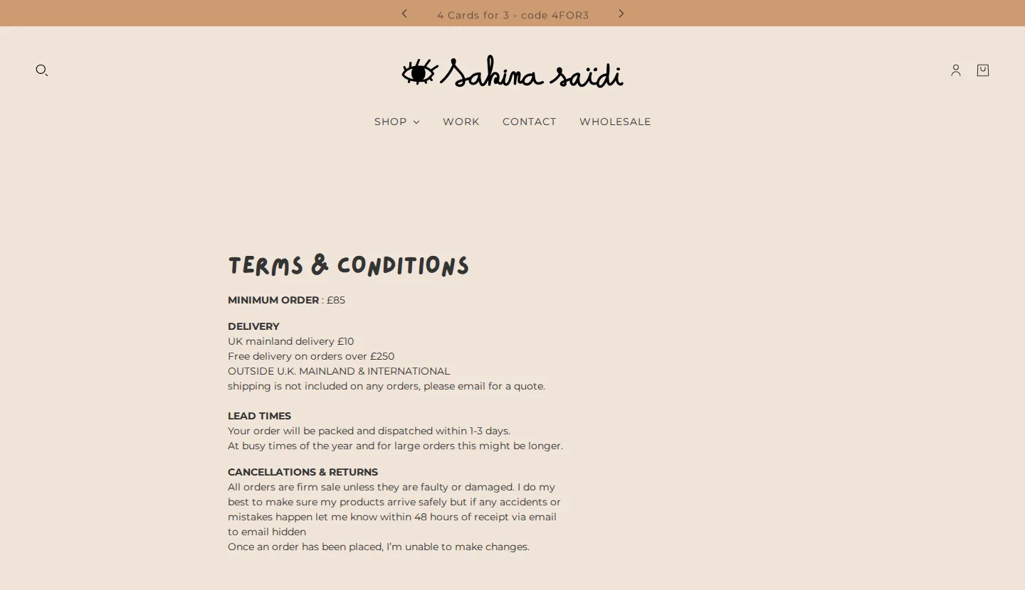 heyimsakina wholesale terms and conditions page with minimum order, delivery and lead times