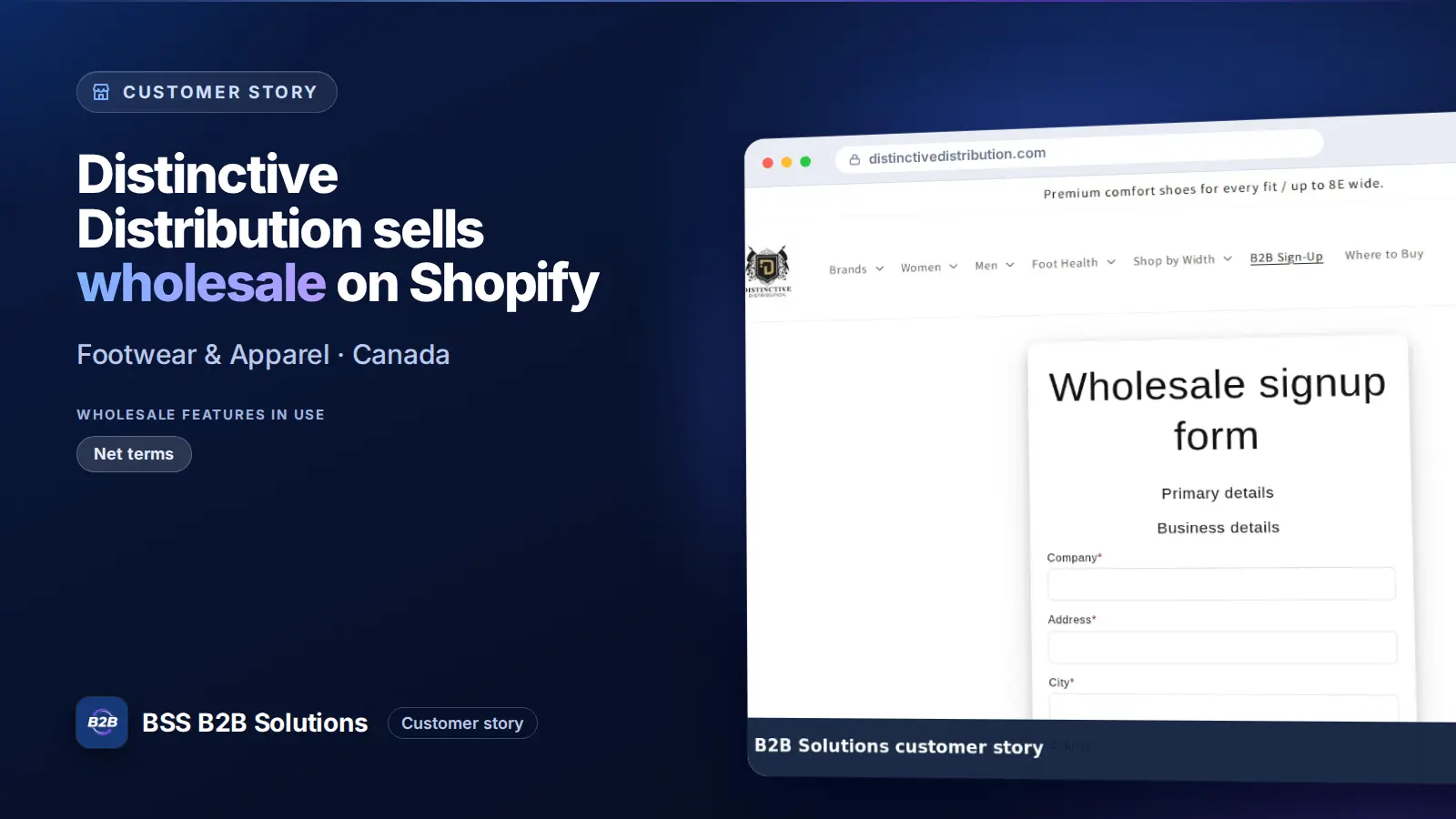 Browser window showing the merchant storefront, Distinctive Distribution sells wholesale on Shopify. Cover for: Distinctive Distribution: A Canadian Footwear Wholesale Program on Shopify