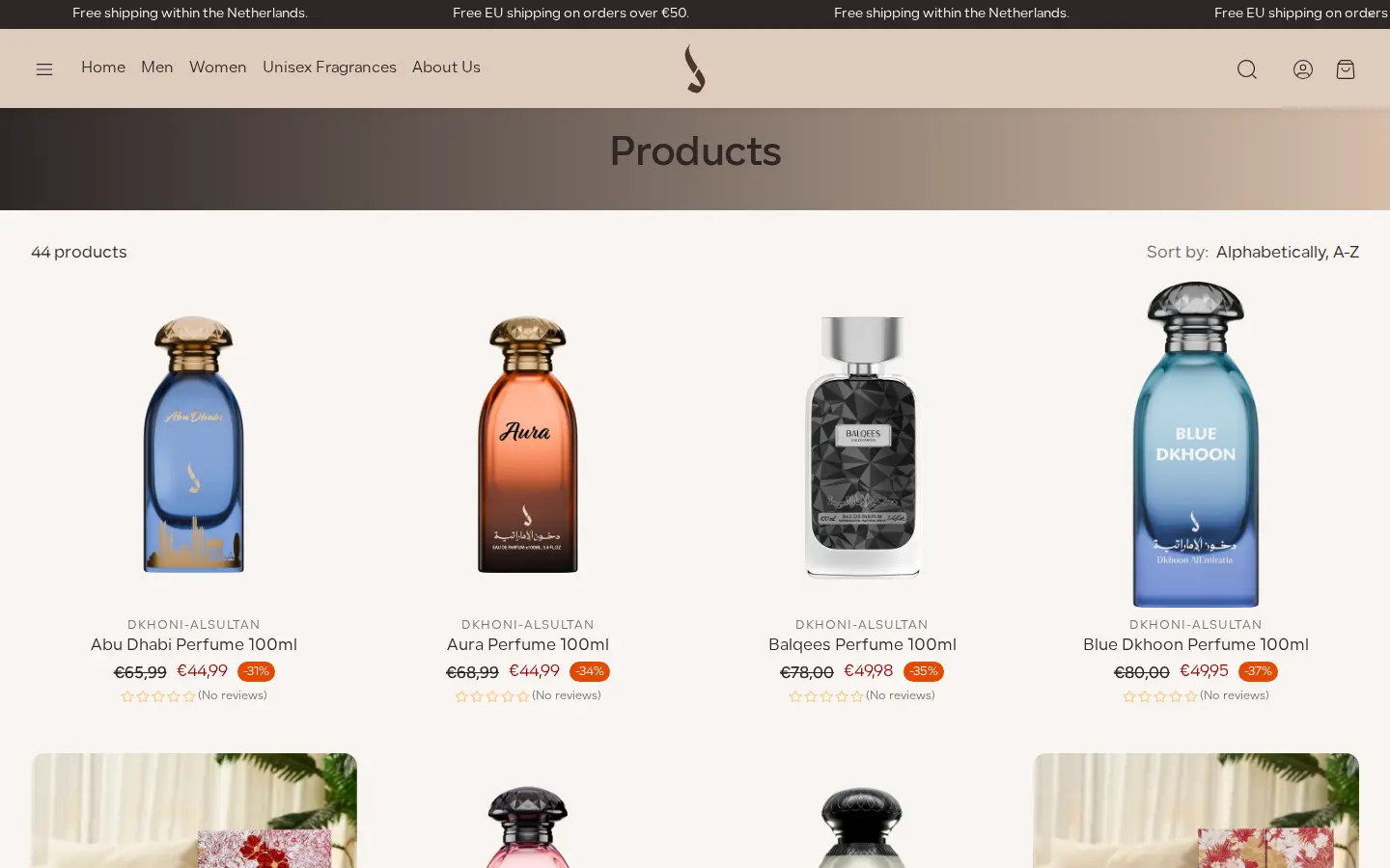 Dkhoni-Alsultan product collection with perfume bottles and sale prices in euros shown to every visitor