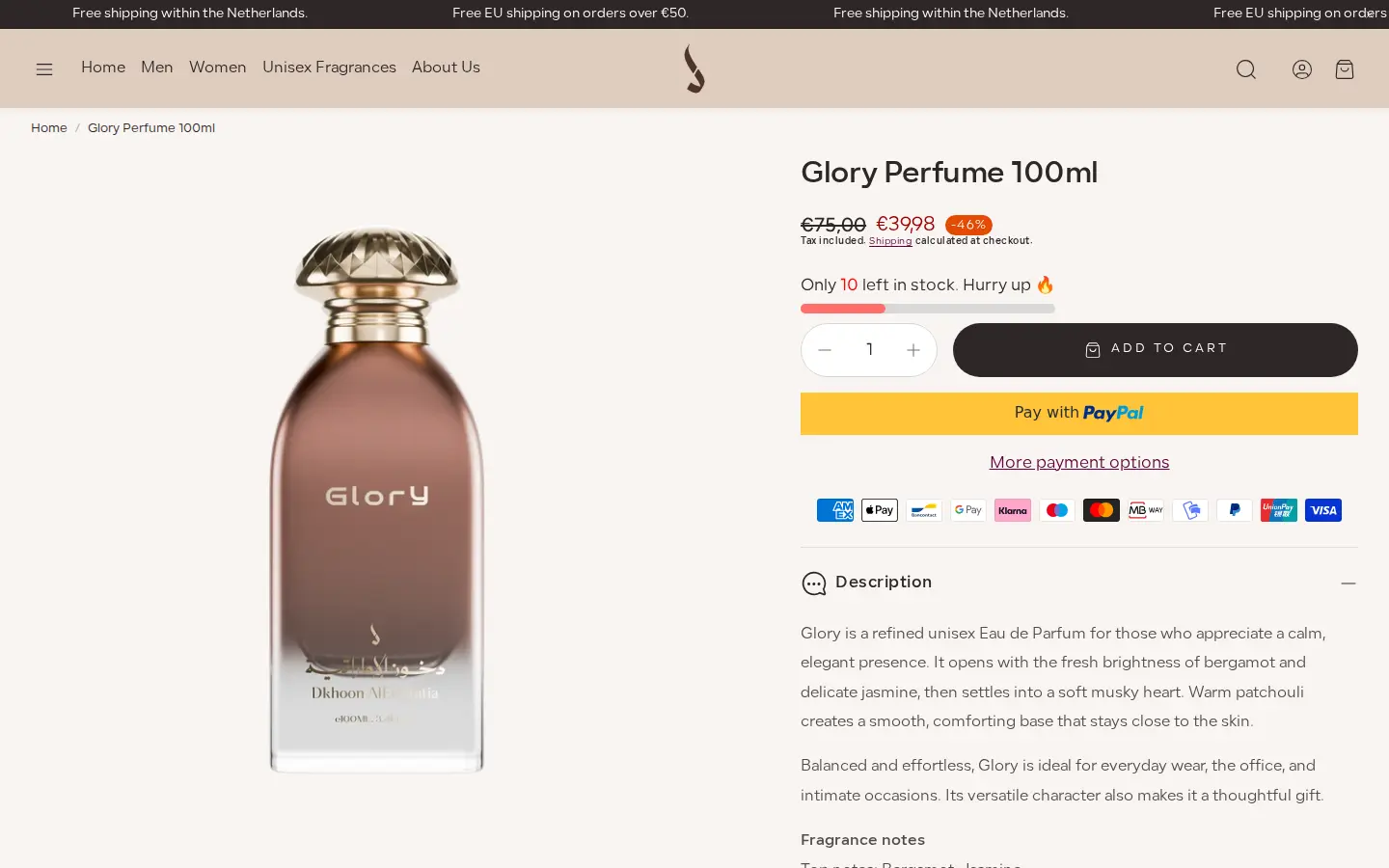 Dkhoni-Alsultan Glory Perfume 100ml product page with a sale price in euros, stock note and Add to cart button