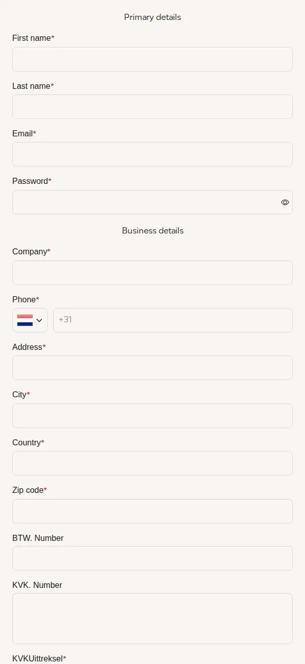 Dkhoni-Alsultan wholesale signup form with primary details and business details such as company, phone, address and Dutch business numbers