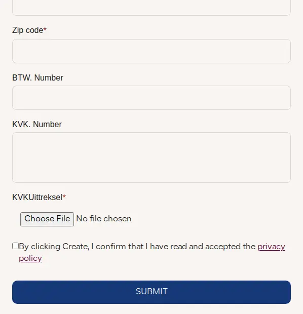 Dkhoni-Alsultan signup form with BTW number, KVK number, a required KVK extract file upload and a privacy policy checkbox