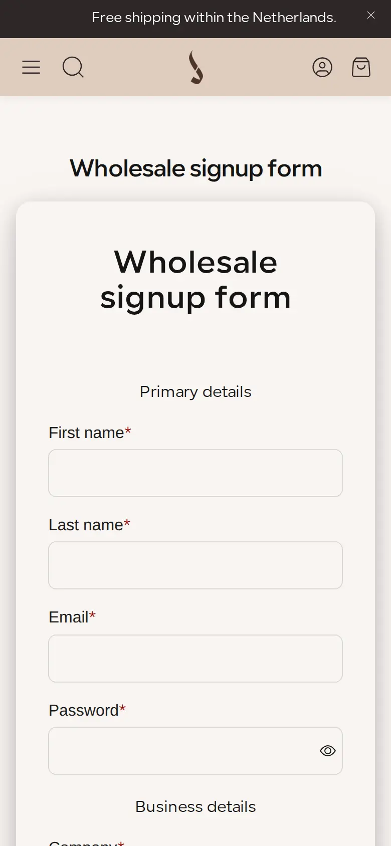Dkhoni-Alsultan wholesale signup form on a phone with the first name, last name and email fields
